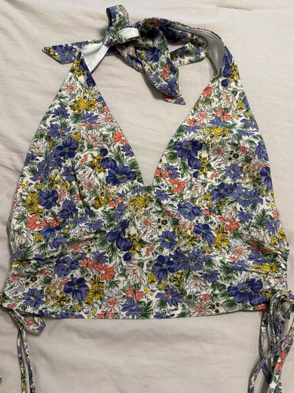 La Hearts White Halter Crop Top with Blue, Yellow & Coral Floral Print